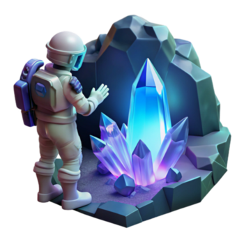 astronauta descobrindo brilhando cristais 3d render png