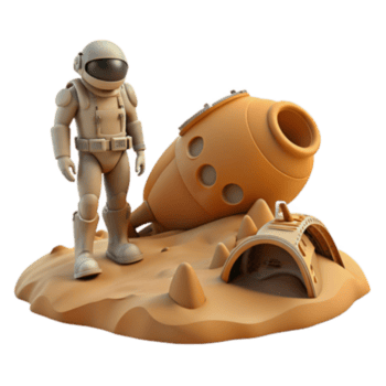 3D Render Astronaut Exploring Crashed Spaceship on Desert Planet png