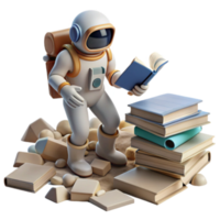 3D Astronaut Reading Book Amidst Stack of Books on Moon Surface Illustration png