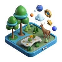 3D Isometric Illustration of a Charming Park Scene with Deer, Trees, and Geometric Elements png