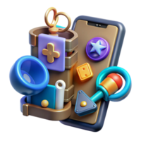 3D Render of Playful Mobile App Icon Design with Colorful Toys and Buttons png