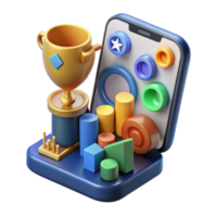 3D Illustration of Trophy with Colorful Geometric Shapes and Mobile App Interface png