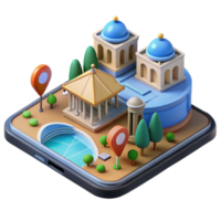 3D Illustration of a Smartphone App Displaying a Cityscape with Classical Architecture, Pools, and Location Markers png