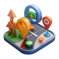 3D Illustration of Navigation App Interface with Location Pins and Upward Arrows png