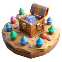 3D Render of Treasure Chest on Island with Gems and Colorful Cones png