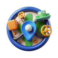 3D Illustration of Colorful Navigation System with Steering Wheels and Map png