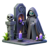3D Render of a Mysterious Figure in a Hooded Robe at a Tomb with Burning Candles and a Skull png