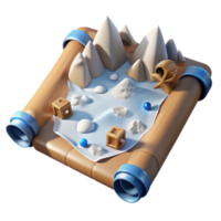 3D Render of Stylized Scroll Map with Mountains, Sand, and Cubes png