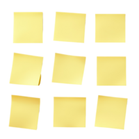 Nine yellow sticky notes arranged on a Transparent background for notes and reminders, Yellow sticky notes isolated background png