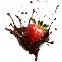 Strawberry splashing into rich chocolate waterfall creating a delicious treat, falling strawberry with chocolate splash isolated on white background png