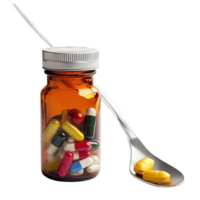 Different types of medicine and supplements in a bottle with a spoon on a Transparent background, Medicines, supplements and drugs in a bottle with spoon png