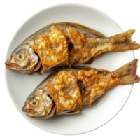Crispy fried fish served on a white plate isolated against a clean background, small fried fish in plate isolated on Transparent background png