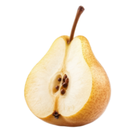 Half pear cut in half against a clean white background showcasing its juicy texture and seeds, half pear isolated on white background png