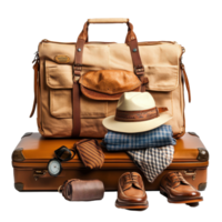 Travel suitcase packed with essentials for an adventure on a Transparent background, Travel suitcase on background png