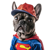 Dog dressed in superhero costume with cap on a Transparent background showcasing playful essence, Dog in Superman Costume with Cap on background png