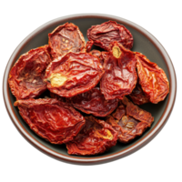 Dried tomatoes on a dark plate isolated against a clean Transparent background for culinary presentation, dried tomato in plateisolated on background png