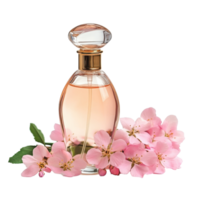 Elegant perfume bottle with delicate pink flowers isolated on a Transparent background, Perfume bottle and flowers isolated on background png