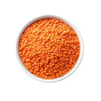 Red lentils in a white bowl on a clean Transparent background highlighting their vibrant color and texture, Red lentils in white bowl isolated on background png