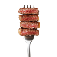 Slices of beef steak on a fork isolated against a Transparent background showcasing juicy texture and preparation, Slices beef steak on a fork isolated on background png