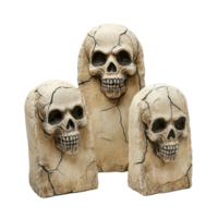 Three haunted tombstones with skulls and cracks create an eerie atmosphere for Halloween decorations, Three Haunted Tombstones with Skulls and Cracks Isolated on Transparent background png