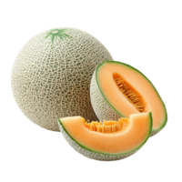 Japanese cantaloupe melons isolated on Transparent background showcasing whole and sliced pieces, Whole Japanese melons ,cantaloupe melon isolated on background with background png