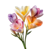 Vibrant freesia flowers in various colors arranged on a white background, freesia flower isolated on white background png