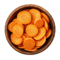 Fresh carrot slices displayed in a rustic wood bowl isolated on a white background for culinary presentation, carrot slices in wood bowlisolated on white background png