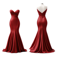 Elegant red satin gown mockup showcasing front and back views for fashion design presentations, Elegant Red Satin Gown Mockup from Front and Back Views on white background png