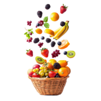 Fresh fruits cascade downwards into a woven basket creating a vibrant and colorful display, Fresh fruits falling from above in a basket on aisolated on white background png