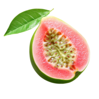 Fresh sliced guava with vibrant pink pulp and green leaf on white background, Guava Slice tropical fruitisolated on white background png