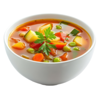 Vegetable soup with fresh ingredients served in a white bowl isolated on a Transparent background, Vegetable soup isolated on a background png