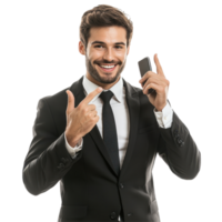 Businessman making call me gesture while smiling with smartphone in hand against white background, Businessman Making Call Me Gesture isolated on white background png