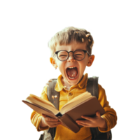 Happy boy bursting with excitement while reading a book indoors surrounded by flying pages, Happy child boy with book and bag breaking through png