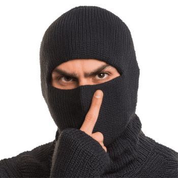 retrato do uma ladrao dentro balaclava gesticulando para silêncio com dedo em lábios dentro uma rígido contexto, retrato uma ladrao com balaclava com dedo em lábios, transparente fundo png