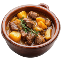 Savory meat and potato stew served in a rustic brown pot with fresh herbs on a bright Transparent background, pot stew with potatoes and meat in a stew, background png