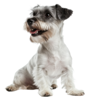 Schnauzer dog sitting on white background with an inviting expression and attentive posture, English ter dog isolated on white background png