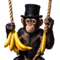Monkey wearing a top hat poses with bananas hanging on ropes in a whimsical indoor setting, monkey with a top hat and bananas hanging on a rope, Transparent background png