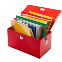 Colorful folders organized in a red box on a Transparent background for office or school use, red box filled with lots colorful folders, background png