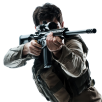 Man aiming rifle with focused determination in an isolated environment, Man Aiming With Rifle Isolated, Transparent background png