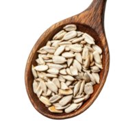 Shelled sunflower seeds displayed in wooden spoon against a clean Transparent background, Shelled Sunflower Seeds in wood spoon on background png