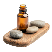 Essential oil bottle on a wooden tray with smooth stones in a calm setting, bottle essential oil sitting on a wooden tray with rocks png