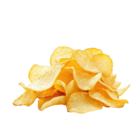 Crispy potato chips arranged in a pile on a clean Transparent background for a fresh and tasty snack, Potato chips isolated on background png
