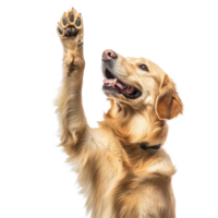 Golden Retriever Dog Performing Paw Raise Trick in Indoor Setting, Golden Retriever Dog Raising its Paw, Trained Dog Giving High Five on white background png