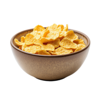 Delicious corn flakes in a bowl with a rustic design on a Transparent background, corn flakes in a bowlisolated on background png