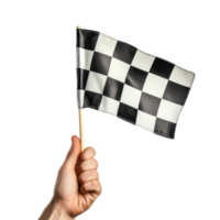 Hand holding a checkered flag signaling the end of a race against a white backdrop, hand holding a checkered flag isolated on white background png