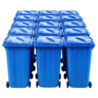 Blue trash cans arranged neatly on a Transparent background highlighting waste management solutions, Picture many blue trash cans isolated on background png