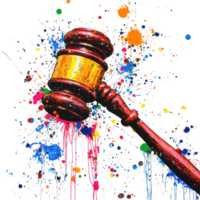 Justice represented through colorful splatter paint and a gavel in bold artistic expression, Justice at a Price A Gavel and Splatter Paint Artwork, Transparent background png