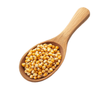 Corn seeds displayed in a wooden spoon against a Transparent background showcasing natural colors and texture, Corn seeds in wood spoon isolated on background png