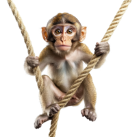Monkey sitting on a rope against a Transparent background showcasing its curious expression and playful nature, Monkey Sitting On Rope isolated on background png