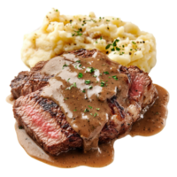 Savoring a hearty slice of pan fried steak with rich gravy and creamy mashed potatoes, slice of pan fried steak, served with gravy and mashed potatoes isolated on Transparent background png